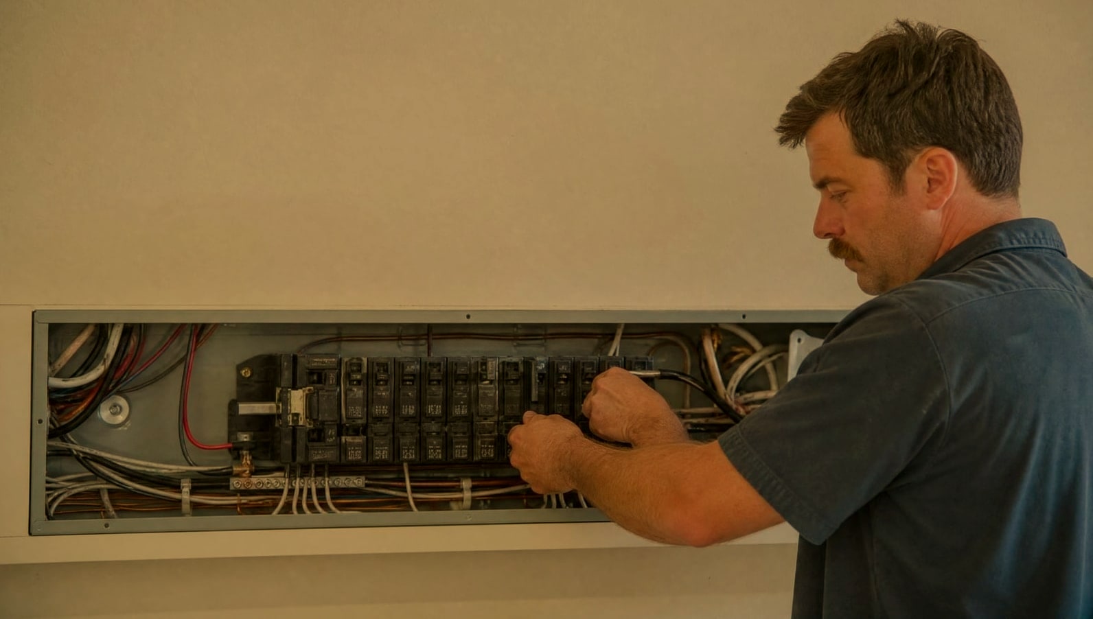 An electrician at an open panel, looking down at the breakers, the panel's top edge level across the frame.