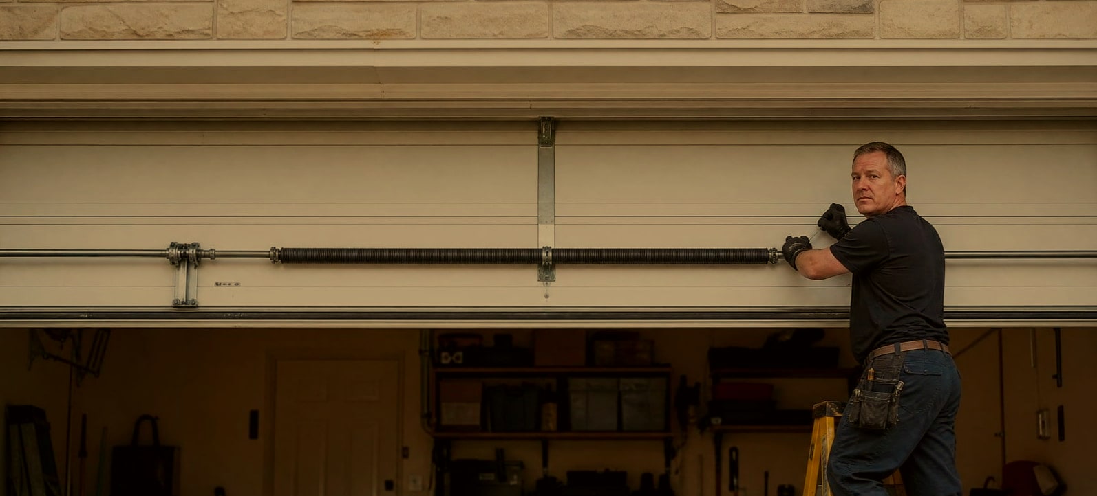 A technician on a stepladder working on the torsion spring above an open garage door, the door's bottom edge level across the frame.