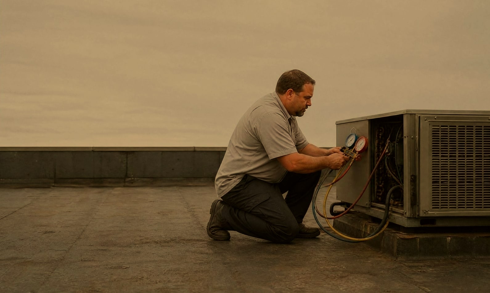 An HVAC technician kneeling at an open rooftop unit with a gauge set, the roof edge level across the frame.