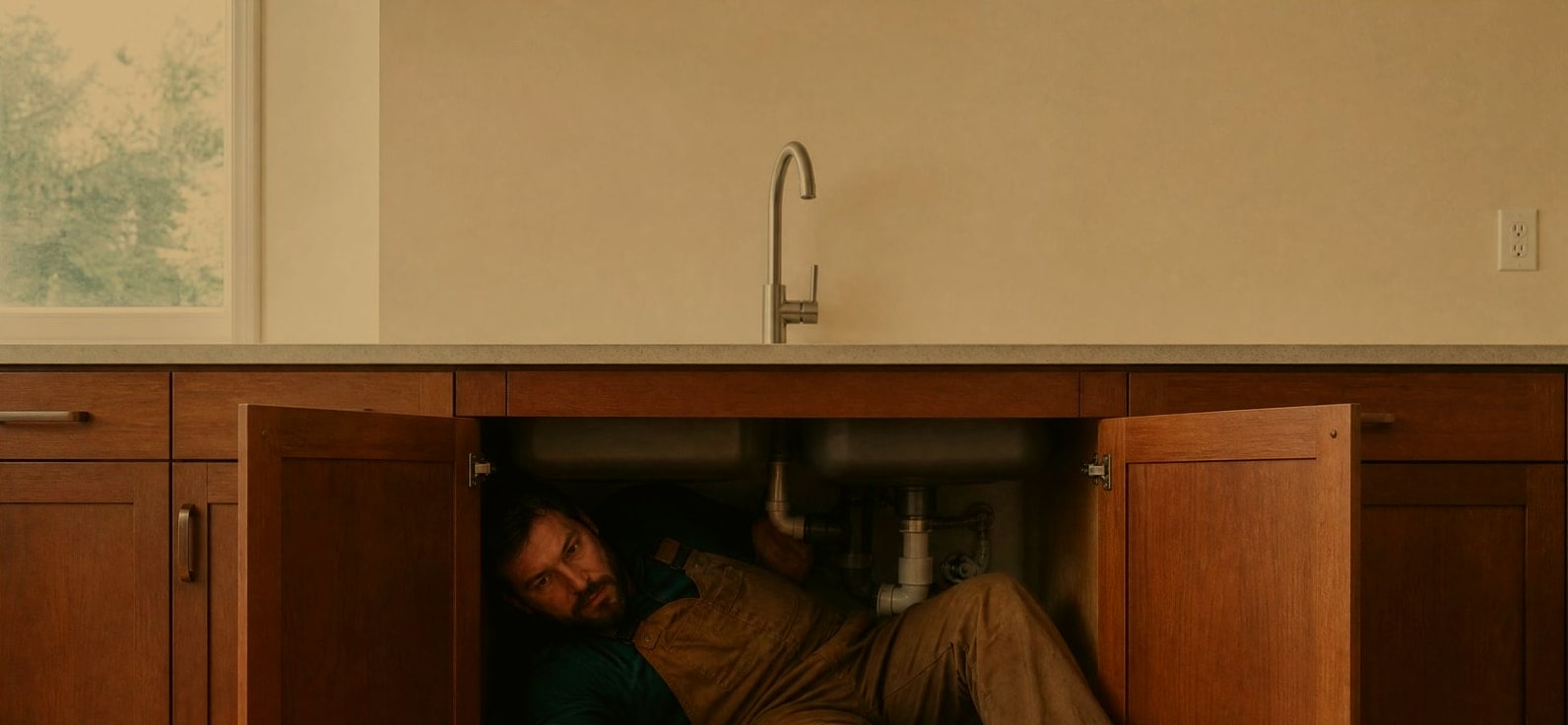 A plumber lying half under a kitchen sink, boots on the floor, one hand reaching for a wrench.