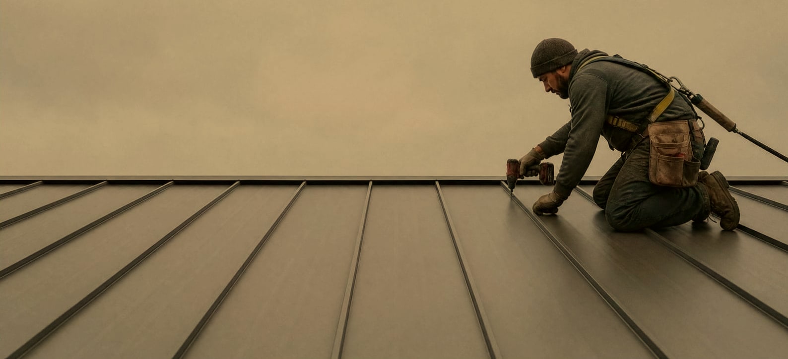 A roofer in a harness on one knee fastening a seam on a standing-seam metal roof, the ridge level across the frame.