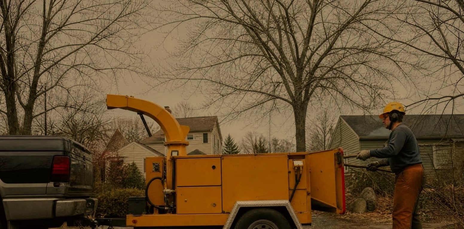 A crew member in helmet and chaps feeding a branch into a wood chipper on a residential street, the hopper edge level across the frame.