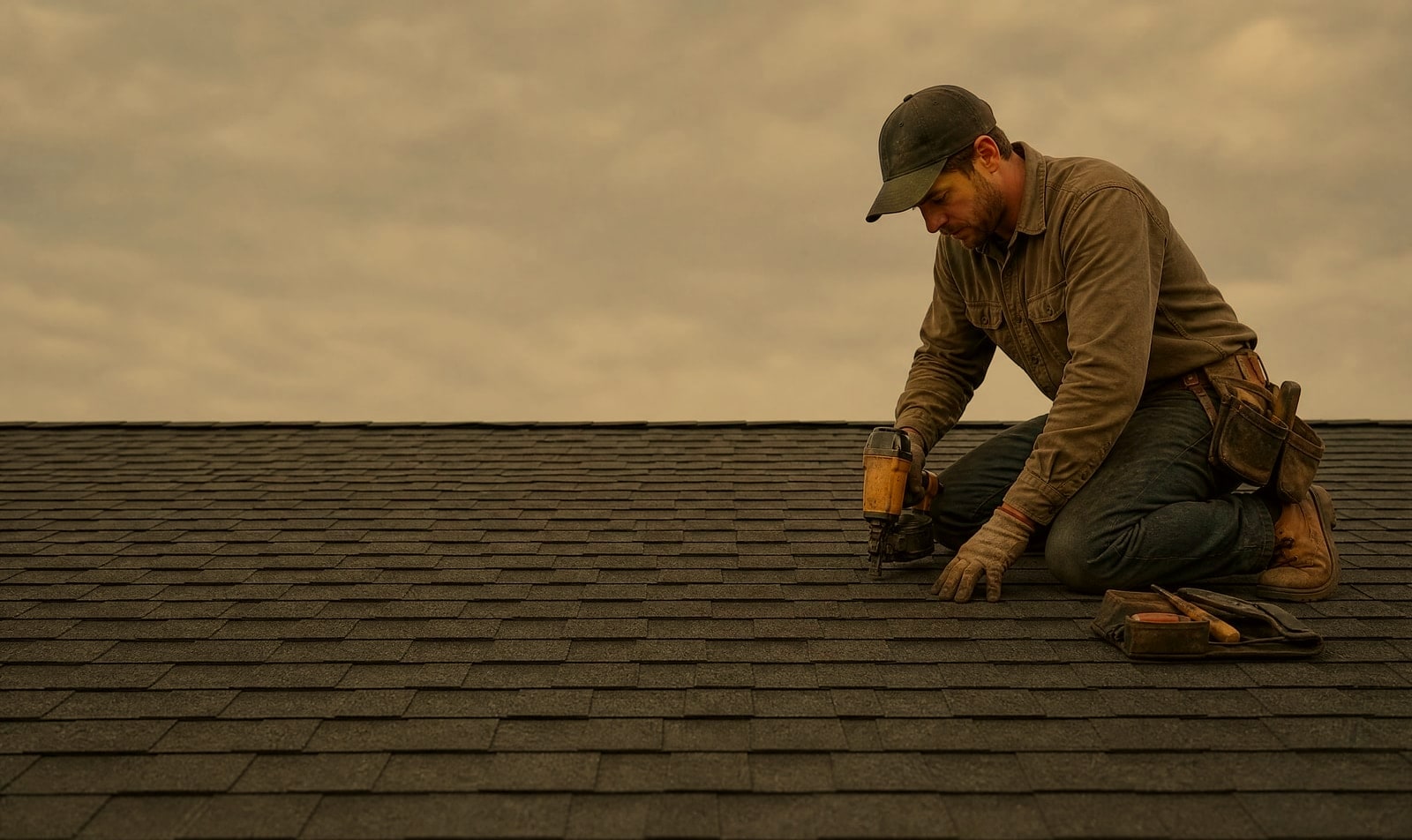 A roofer working on one knee on a shingle roof under an overcast sky, the ridge running straight across the frame.