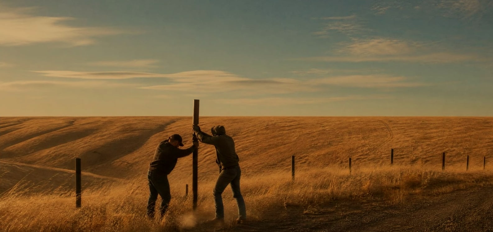 Two fence crew members driving a post on a dry grass slope in wind and low sun, the ridge of the hills level across the frame.